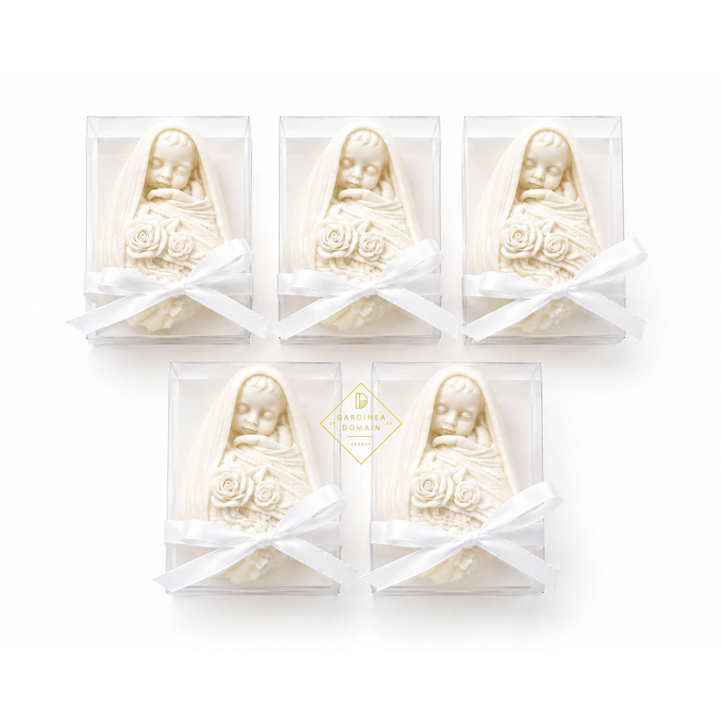 Set 5 marturii pentru botez bebelus verde Gardinea Domain®, in cutie personalizata cadou, ceara de soia 100% naturala, vegana, Verde
