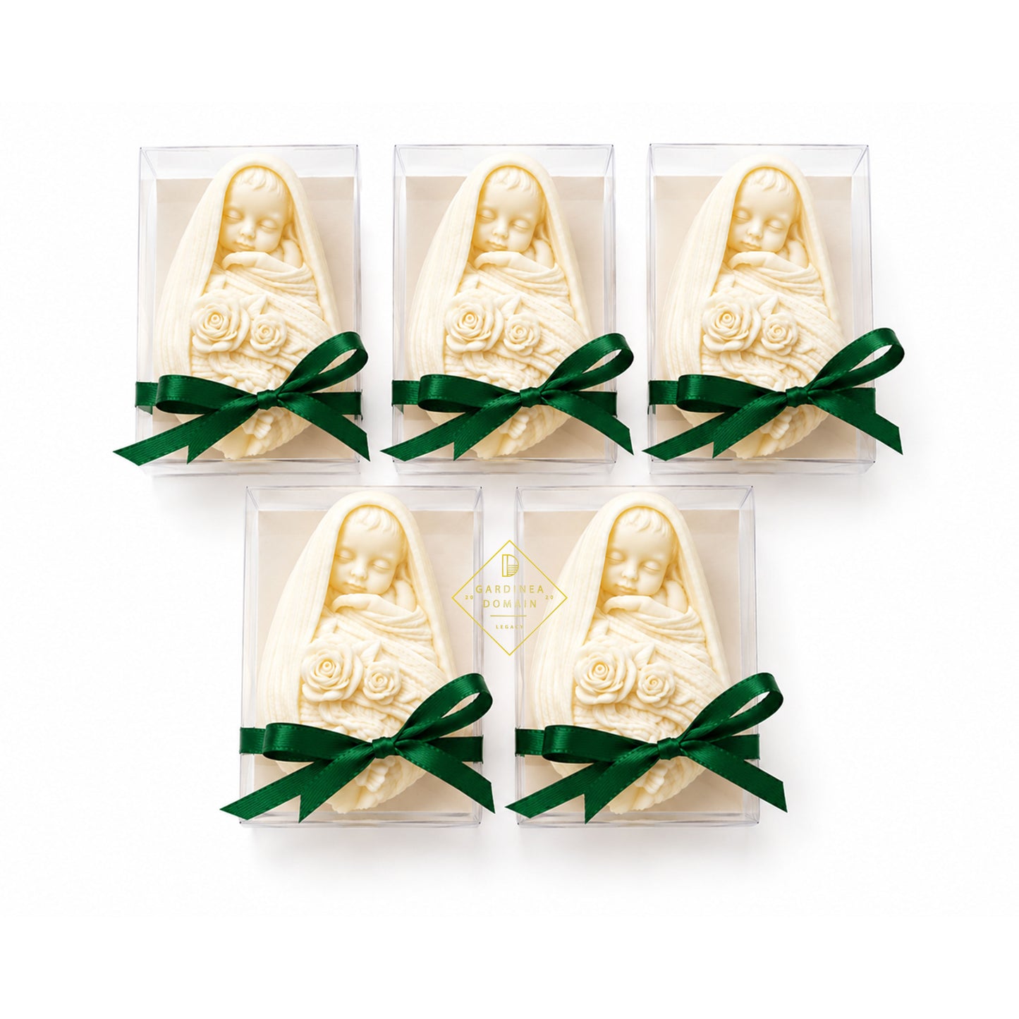 Set 5 marturii pentru botez bebelus albastru inchis Gardinea Domain®, in cutie personalizata cadou, ceara de soia 100% naturala, vegana, Albastru inchis
