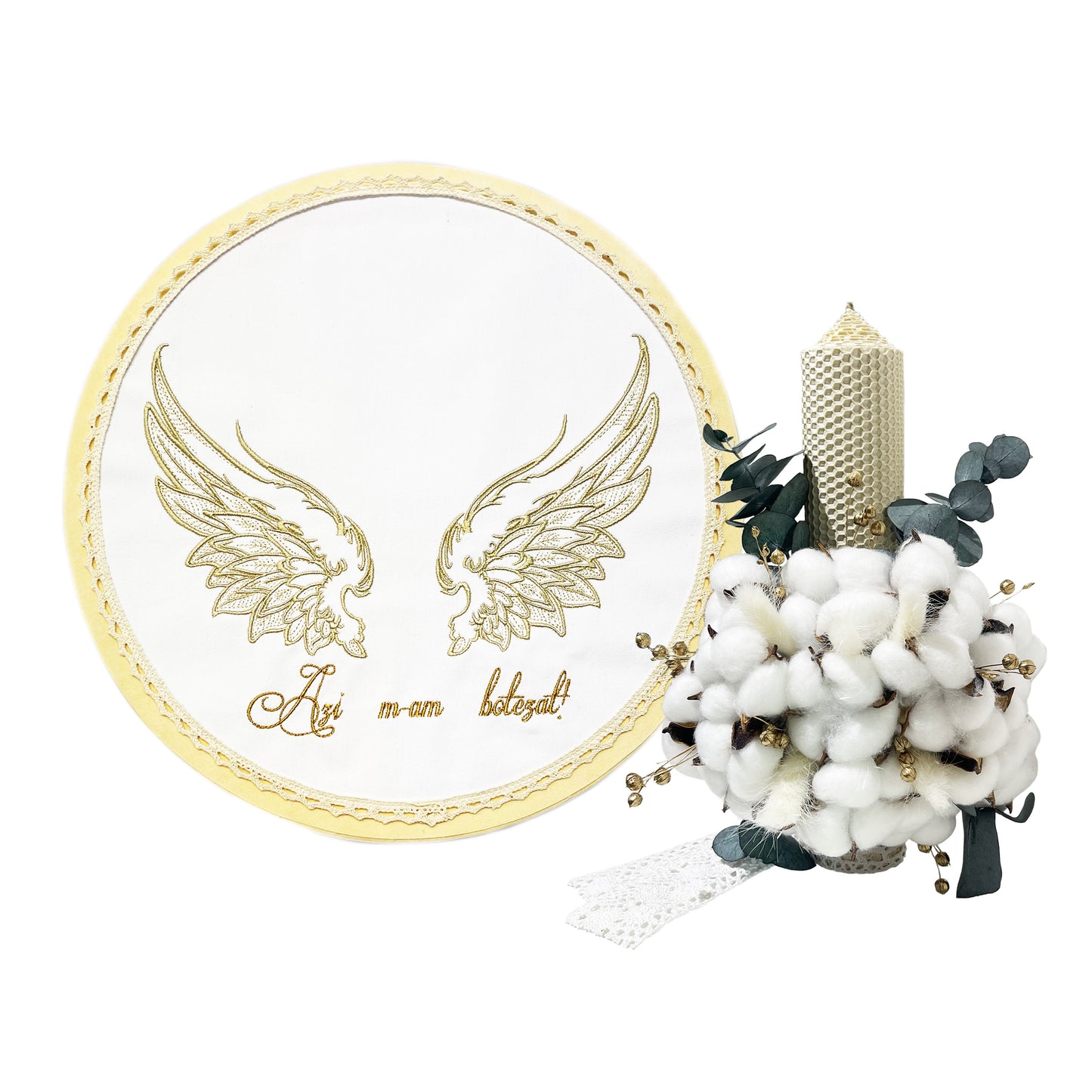 Set elegant trusou botez Gardinea Domain® 11 piese, cutie trusou din catifea cu mesajul "Azi m-am botezat!" si lumanare, decor dantela Crem