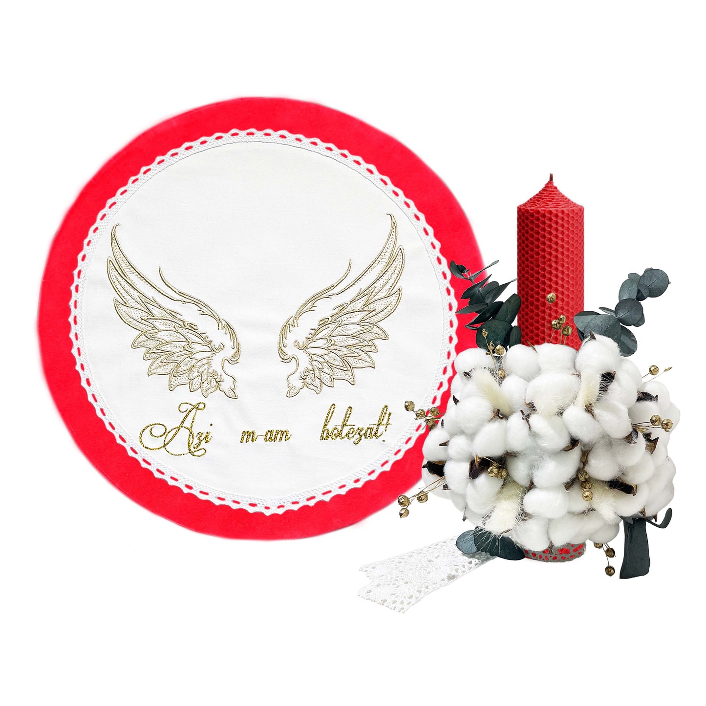 Set elegant trusou botez Gardinea Domain® 11 piese, cutie trusou din catifea cu mesajul "Azi m-am botezat!" si lumanare, decor dantela Rosu cireasa