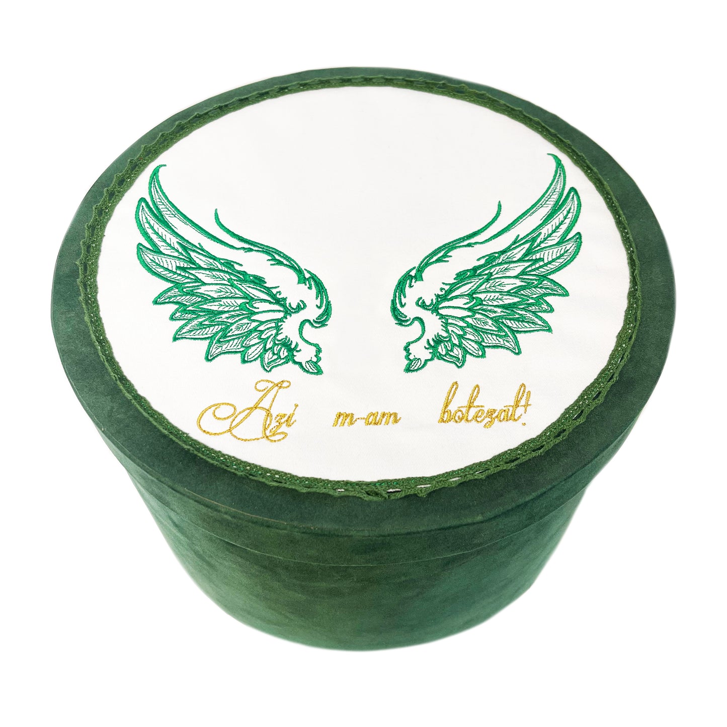Set elegant trusou botez Gardinea Domain® 11 piese, cutie trusou din catifea cu mesajul "Azi m-am botezat!" si lumanare, decor dantela Verde