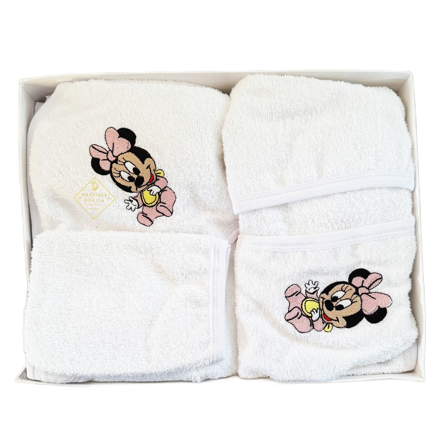 Set prima baita botez Minnie Mouse Gardinea Domain® 3 piese, halat, prosop si manusa in cutie cadou, 100% bumbac, roz