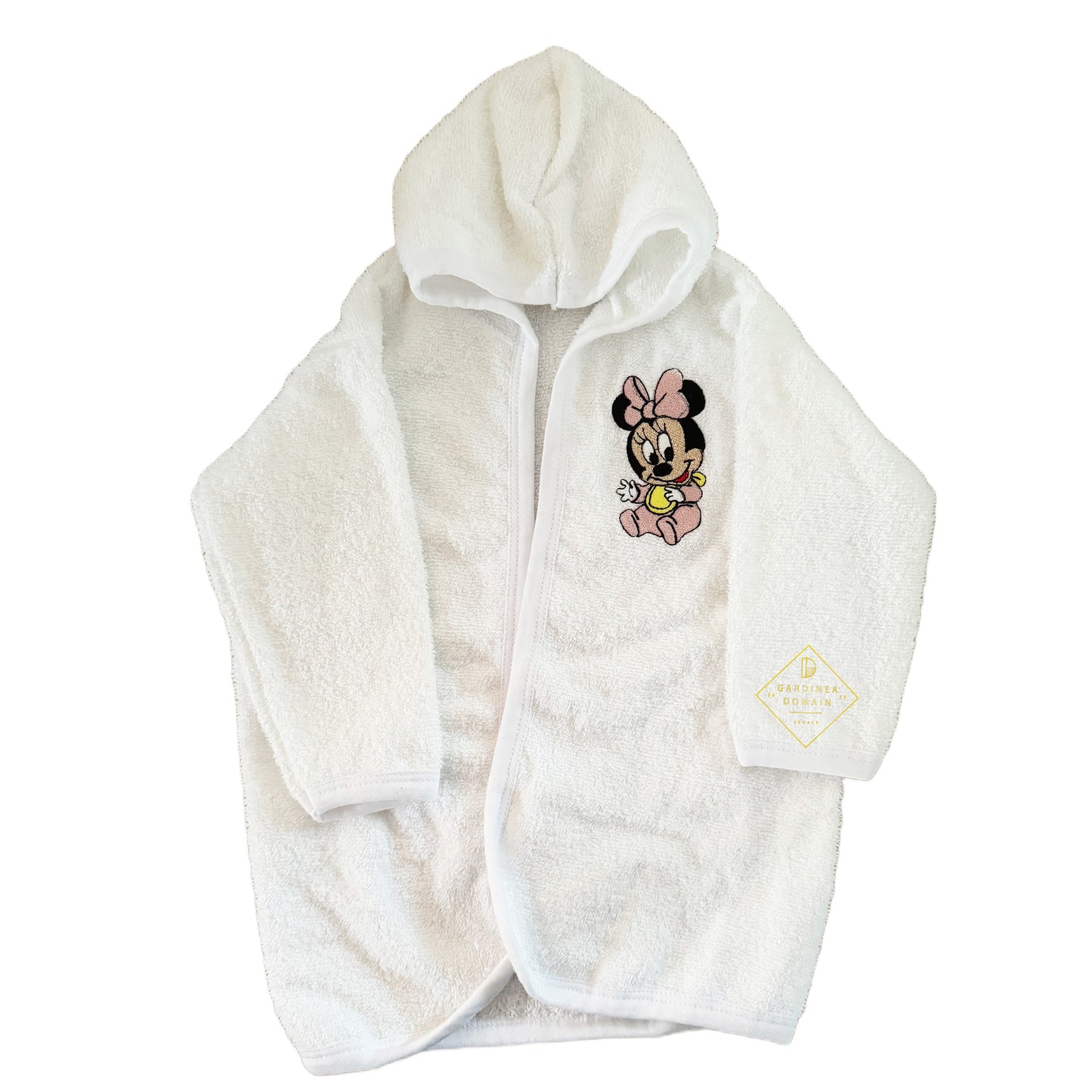 Set prima baita botez Minnie Mouse Gardinea Domain® 3 piese, halat, prosop si manusa in cutie cadou, 100% bumbac, roz