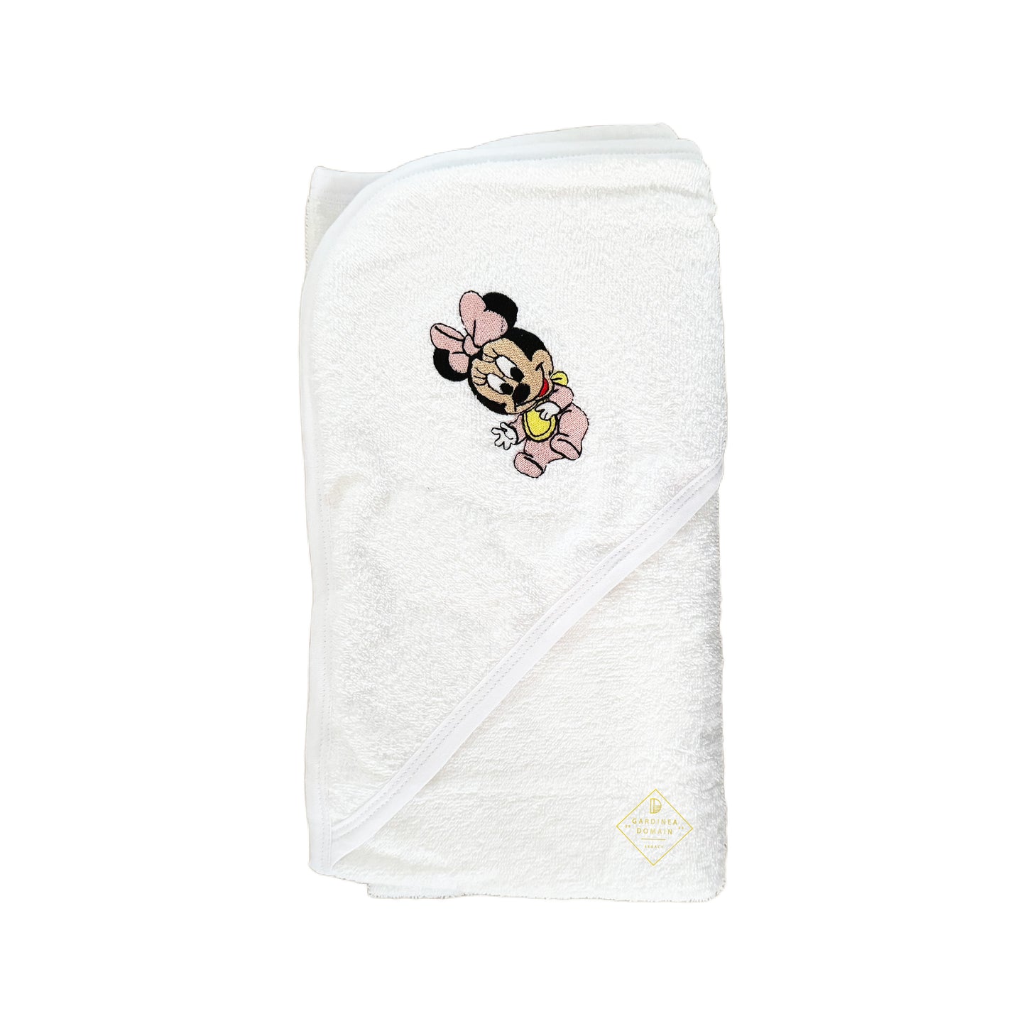 Set prima baita botez Minnie Mouse Gardinea Domain® 3 piese, halat, prosop si manusa in cutie cadou, 100% bumbac, roz