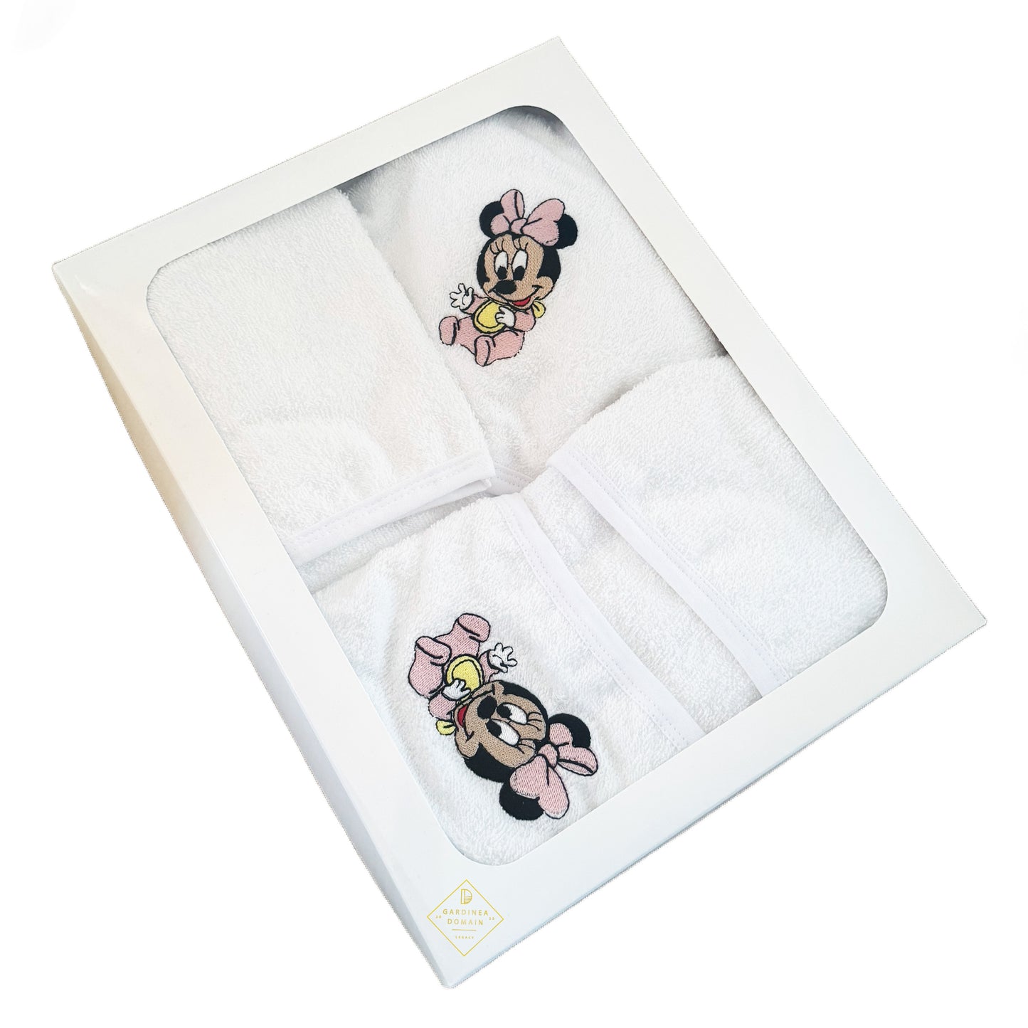 Set prima baita botez Minnie Mouse Gardinea Domain® 3 piese, halat, prosop si manusa in cutie cadou, 100% bumbac, roz