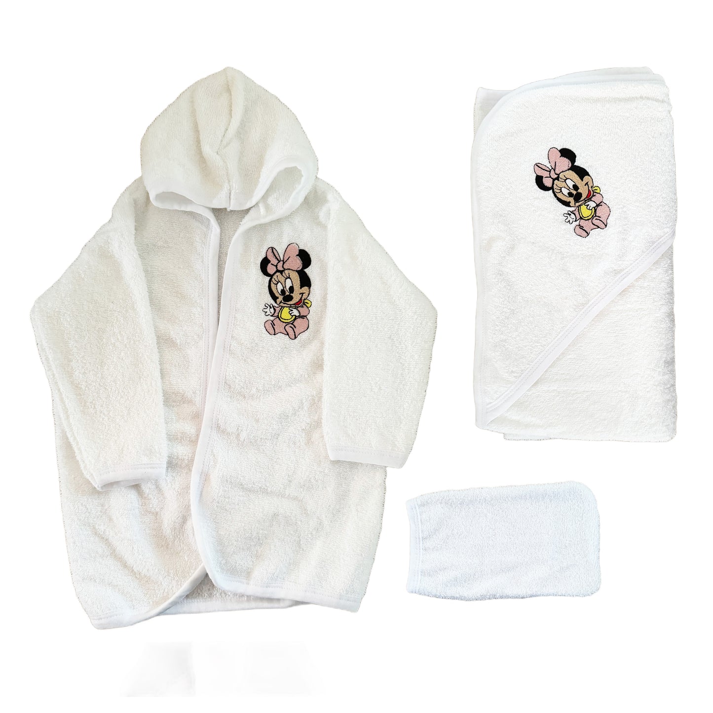 Set prima baita botez Minnie Mouse Gardinea Domain® 3 piese, halat, prosop si manusa in cutie cadou, 100% bumbac, roz