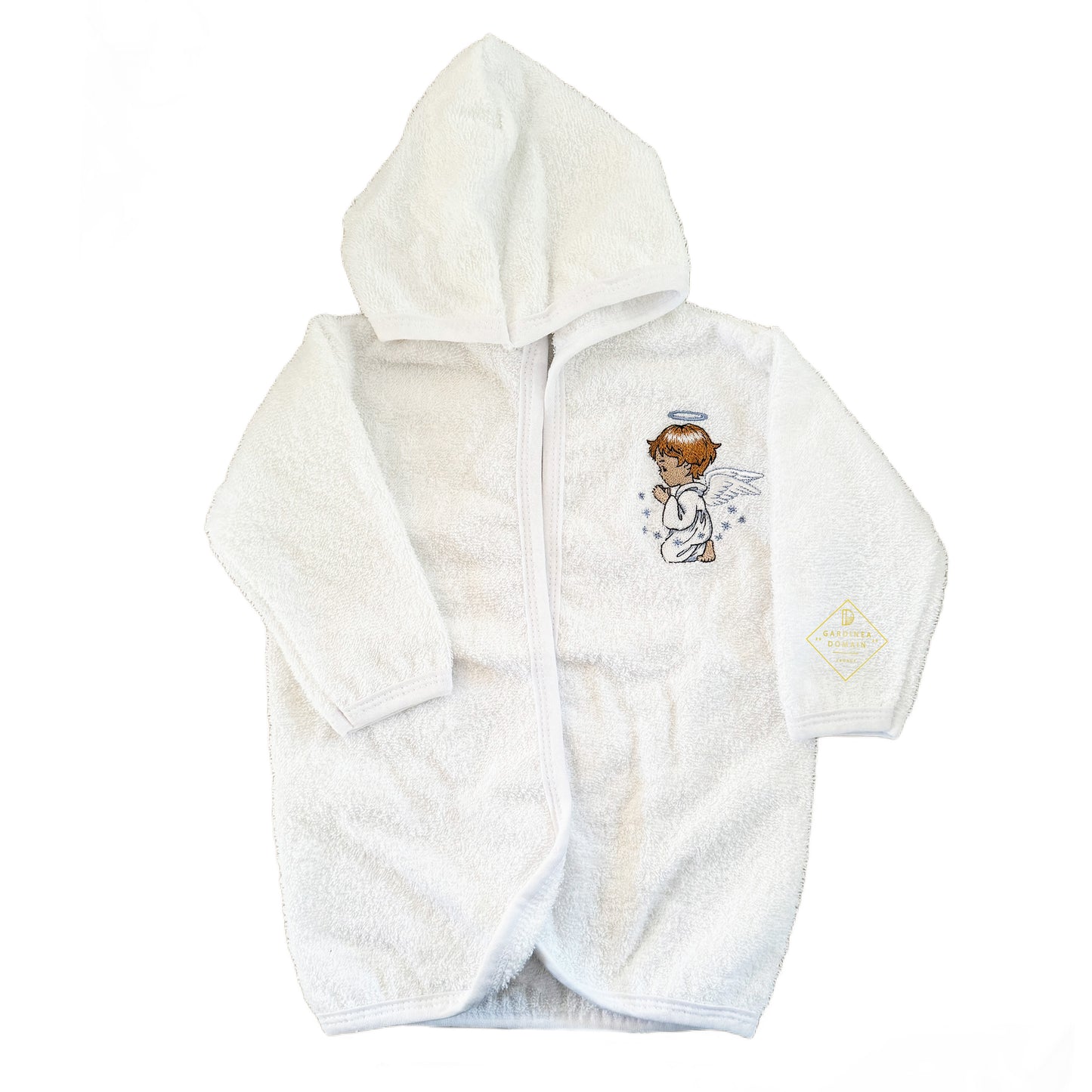 Set prima baita botez ingeras brodat Gardinea Domain® 3 piese, halat, prosop si manusa in cutie cadou, 100% bumbac, albastru