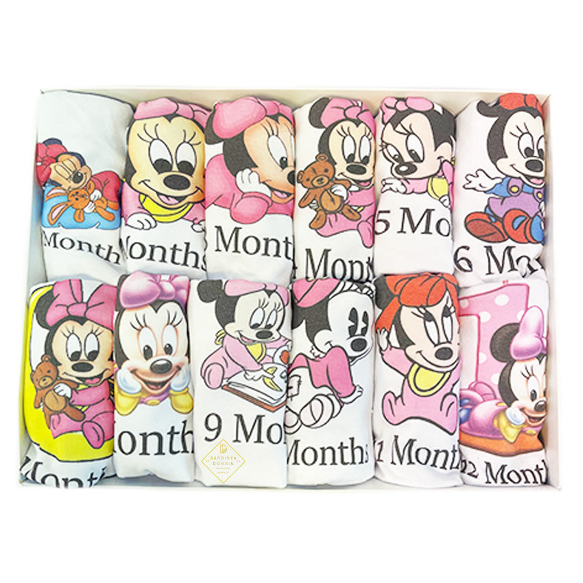 Set 12 Body-uri bebelusi Baby Minnie Mouse Gardinea Domain®, 100% Bumbac antialergic, pentru botez/aniversare, 1-12 luni, Roz
