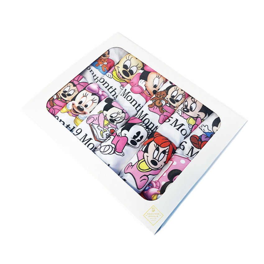 Set 12 Body-uri bebelusi Baby Minnie Mouse Gardinea Domain®, 100% Bumbac antialergic, pentru botez/aniversare, 1-12 luni, Roz