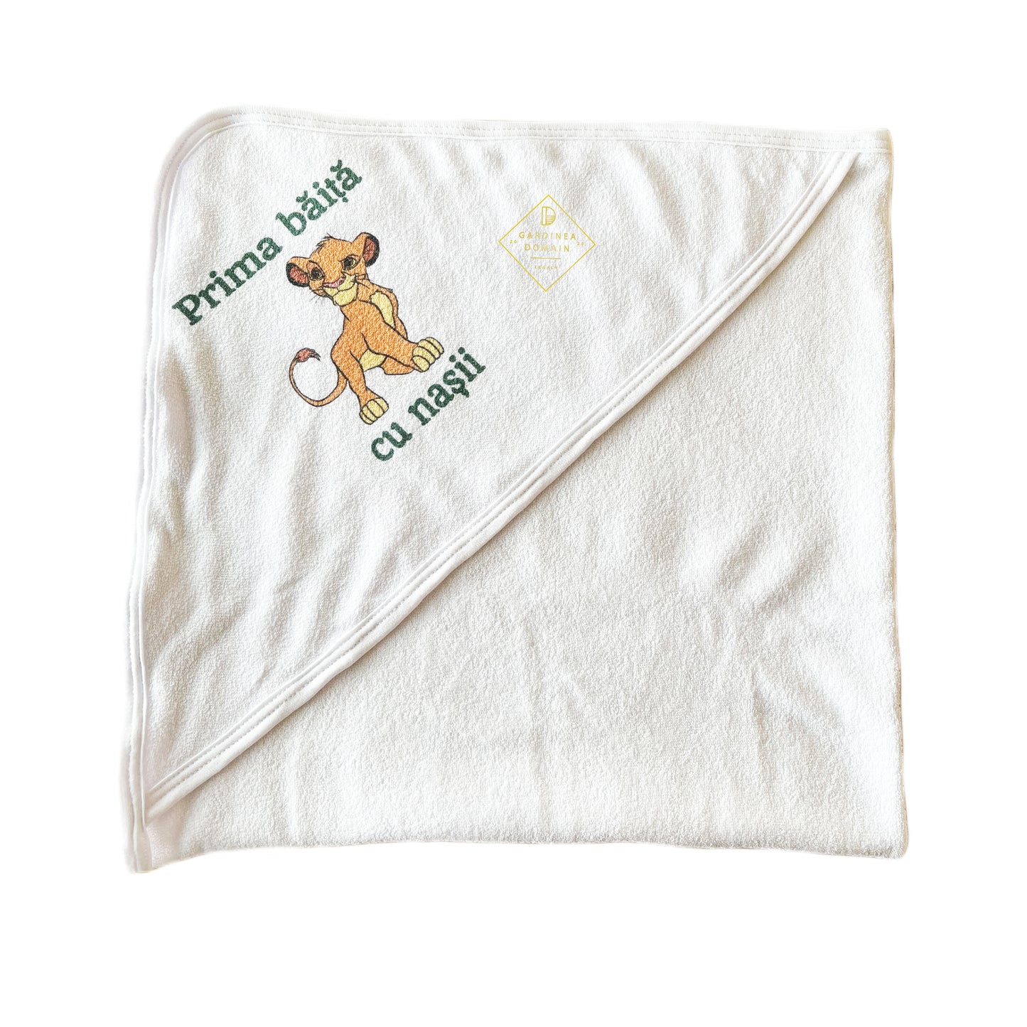 Set prima baita dupa botez Simba Lion King Gardinea Domain®, 3 piese, in cutie, bumbac 100%, "Prima baita cu nasii" verde