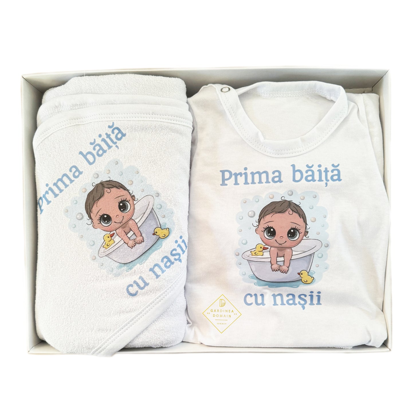 Set prima baita dupa botez baietel bebelus Gardinea Domain®, 3 piese, in cutie, bumbac 100%, "Prima baita cu nasii" albastru