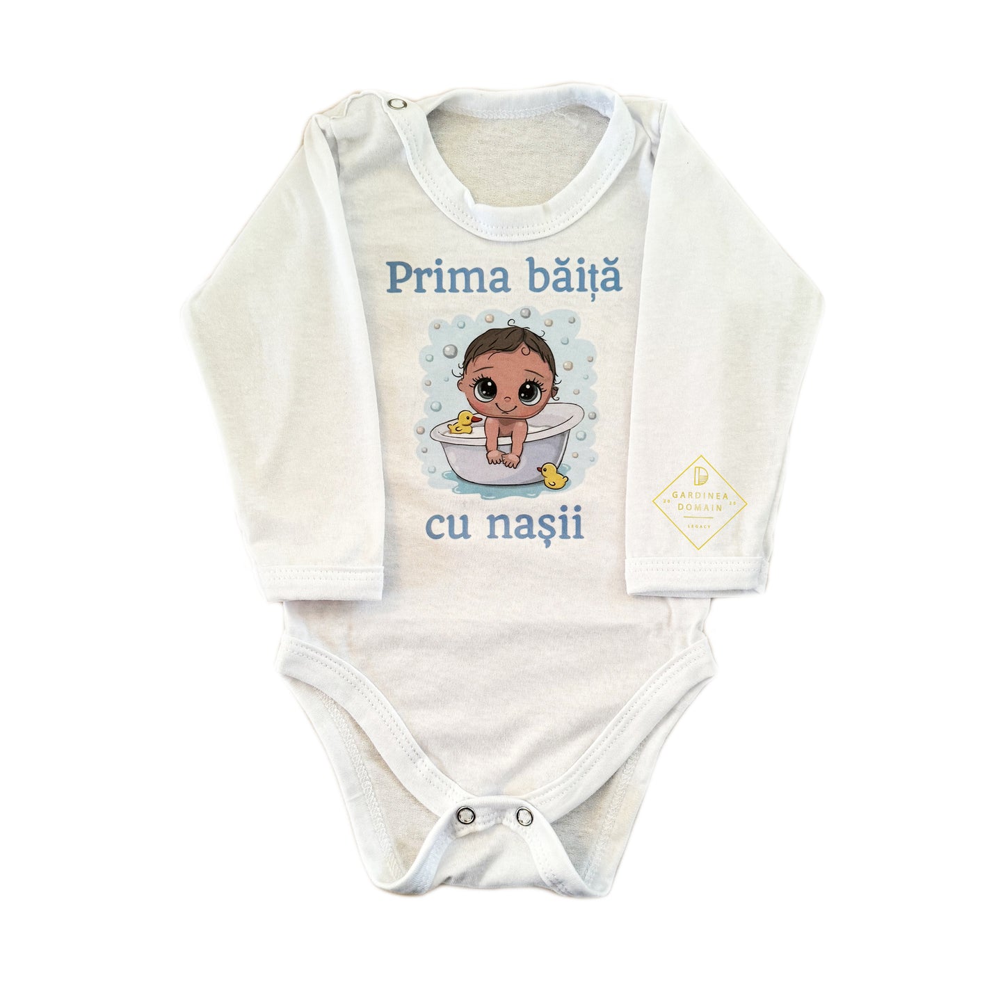 Set prima baita dupa botez baietel bebelus Gardinea Domain®, 3 piese, in cutie, bumbac 100%, "Prima baita cu nasii" albastru