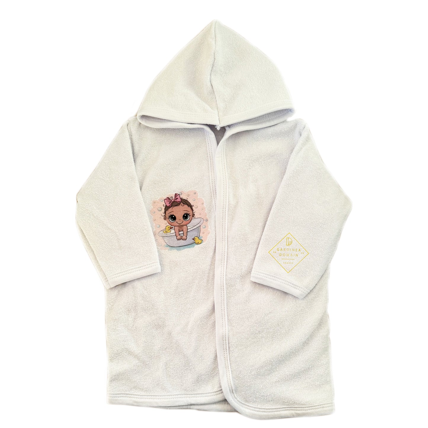 Set prima baita dupa botez fetita bebelus Gardinea Domain®, 3 piese, in cutie, bumbac 100%, "Prima baita cu nasii" roz