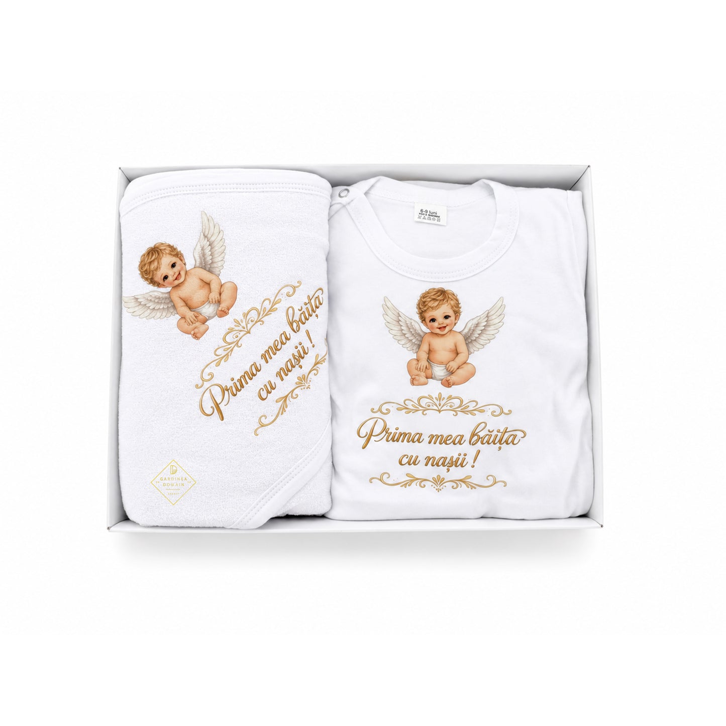 Set complet prima fetita dupa botez, baietel ingeras Gardinea Domain®, 3 piese, in cutie cadou, bumbac 100% moale, "Prima mea baita cu nasii", Alb