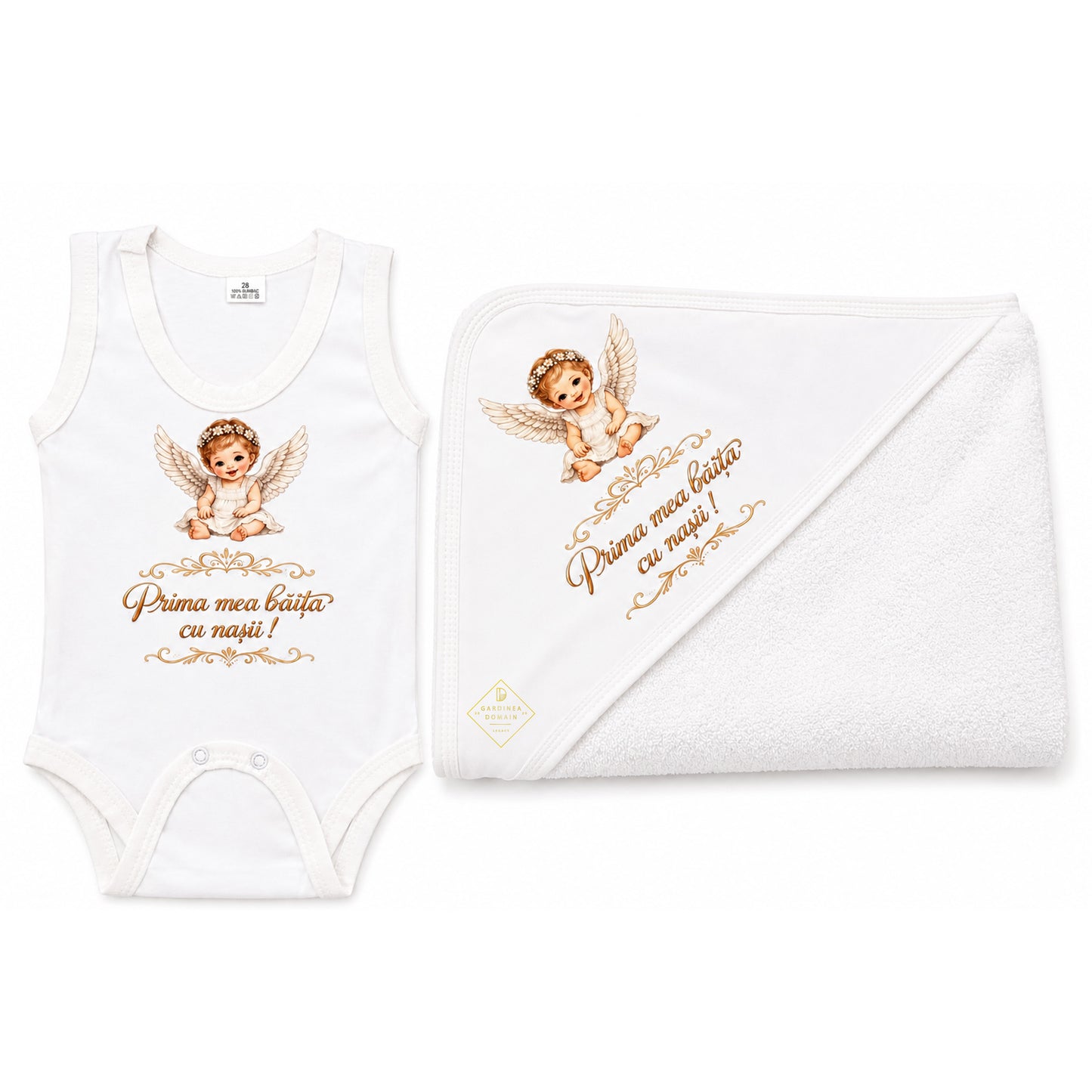 Set prima baita dupa botez pentru baiat, cu ingeras Gardinea Domain®, 2 piese, in cutie cadou, bumbac gros 100% moale, "Prima mea baita cu nasii", Alb