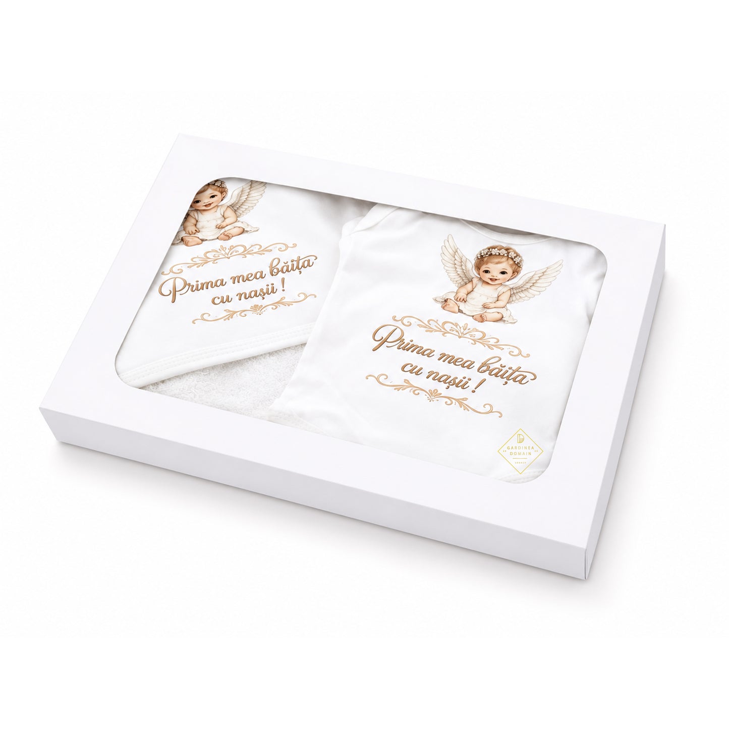 Set prima baita dupa botez pentru fata, cu ingeras Gardinea Domain®, 2 piese, in cutie cadou, bumbac gros 100% moale, "Prima mea baita cu nasii", Alb