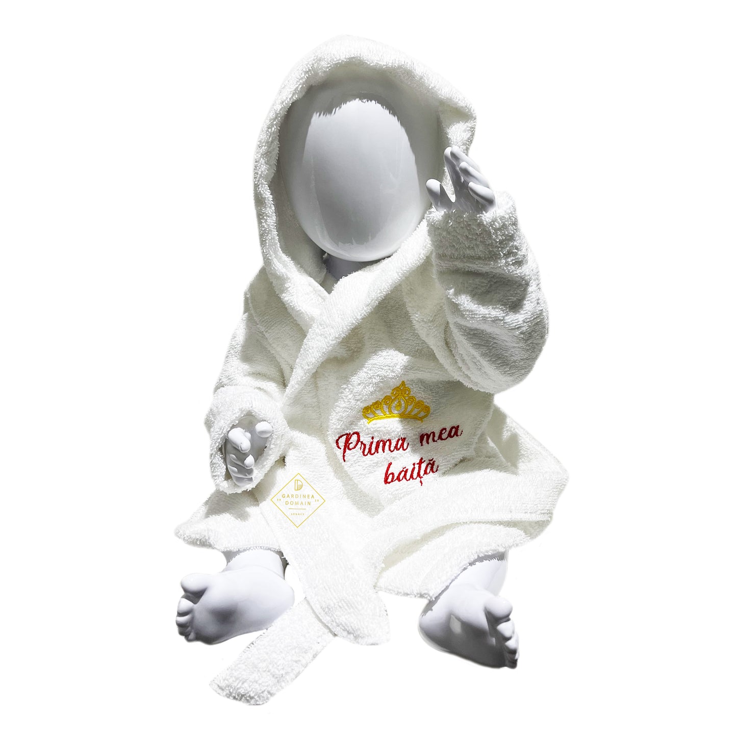 Set complet pentru prima baita dupa botez Gardinea Domain®, 4 piese, body, prosop, halat si perie din lemn, brodat, rosu