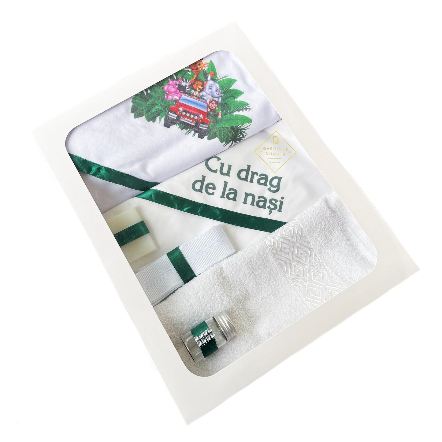 Trusou Animalutele vesele botez Gardinea Domain® 6 piese, in cutie cadou, bumbac 100%, personalizat cu mesajul "Cu drag de la nasi!" verde