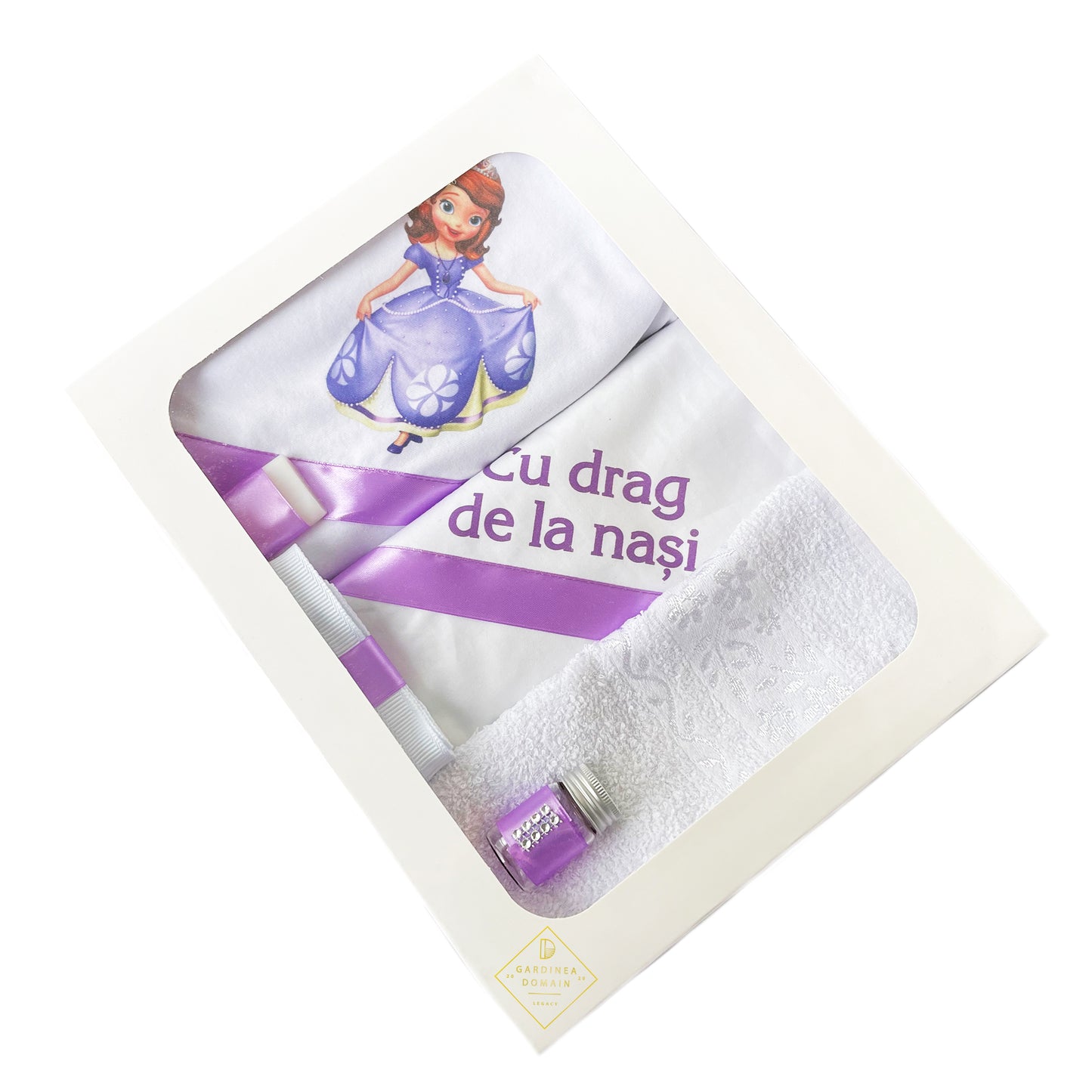 Trusou Printesa Sofia botez Gardinea Domain® 6 piese, in cutie cadou, bumbac 100%, personalizat cu mesajul "Cu drag de la nasi!" mov