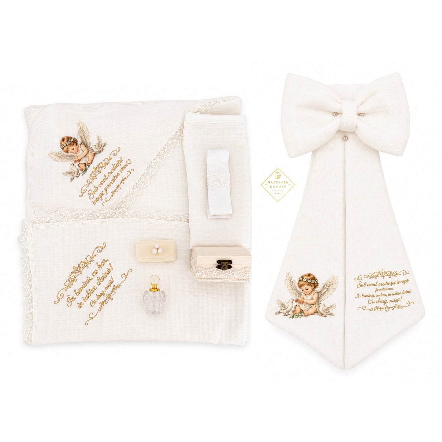 Set trusou complet botez din muselina Gardinea Domain® 9 piese, baietelul cu porumbei in cutie cadou cu lumanare, decor dantela Alb
