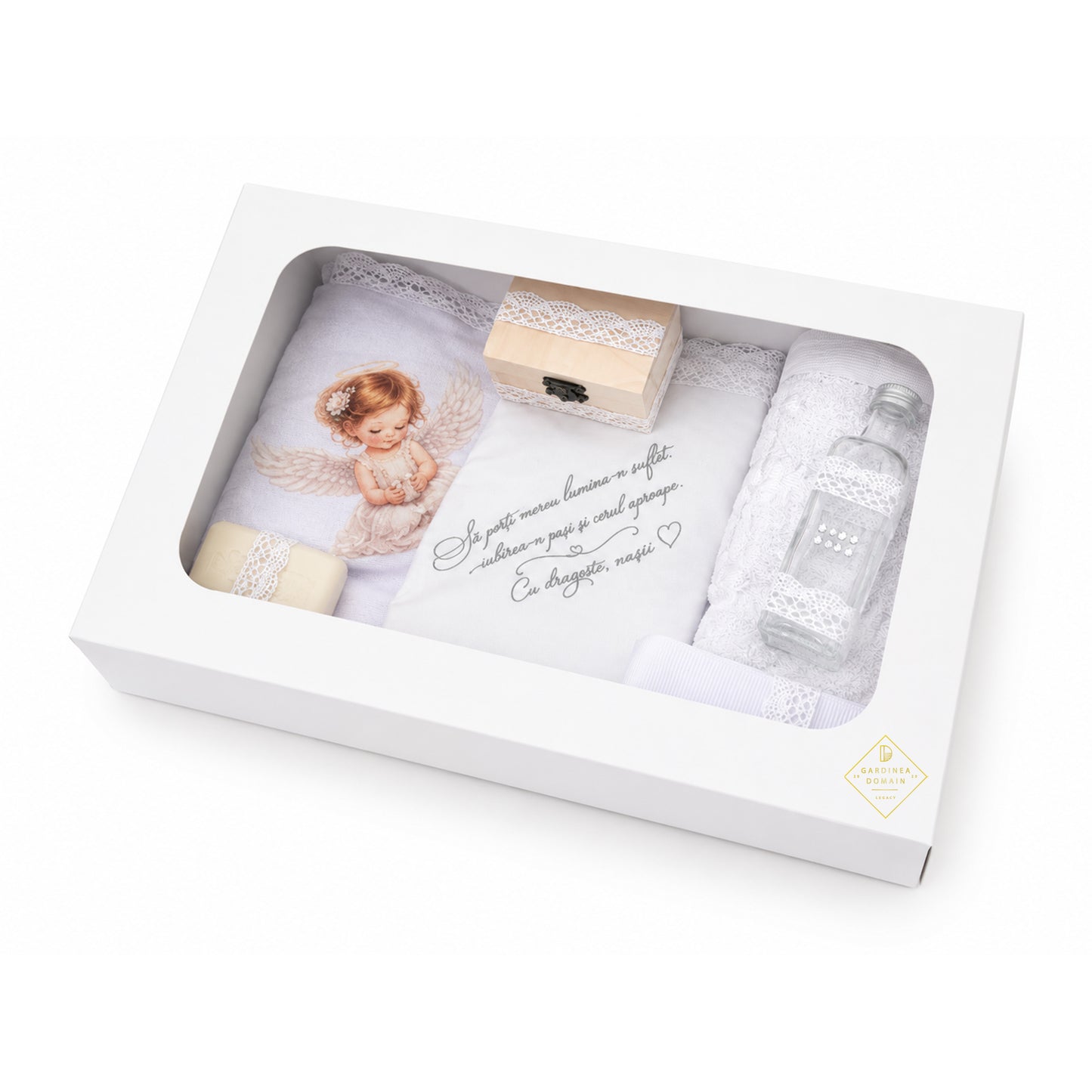 Set trusou botez din bumbac 100% Gardinea Domain® 9 piese, fetita cu lumina in cutie cadou cu lumanare, decor dantela Alb