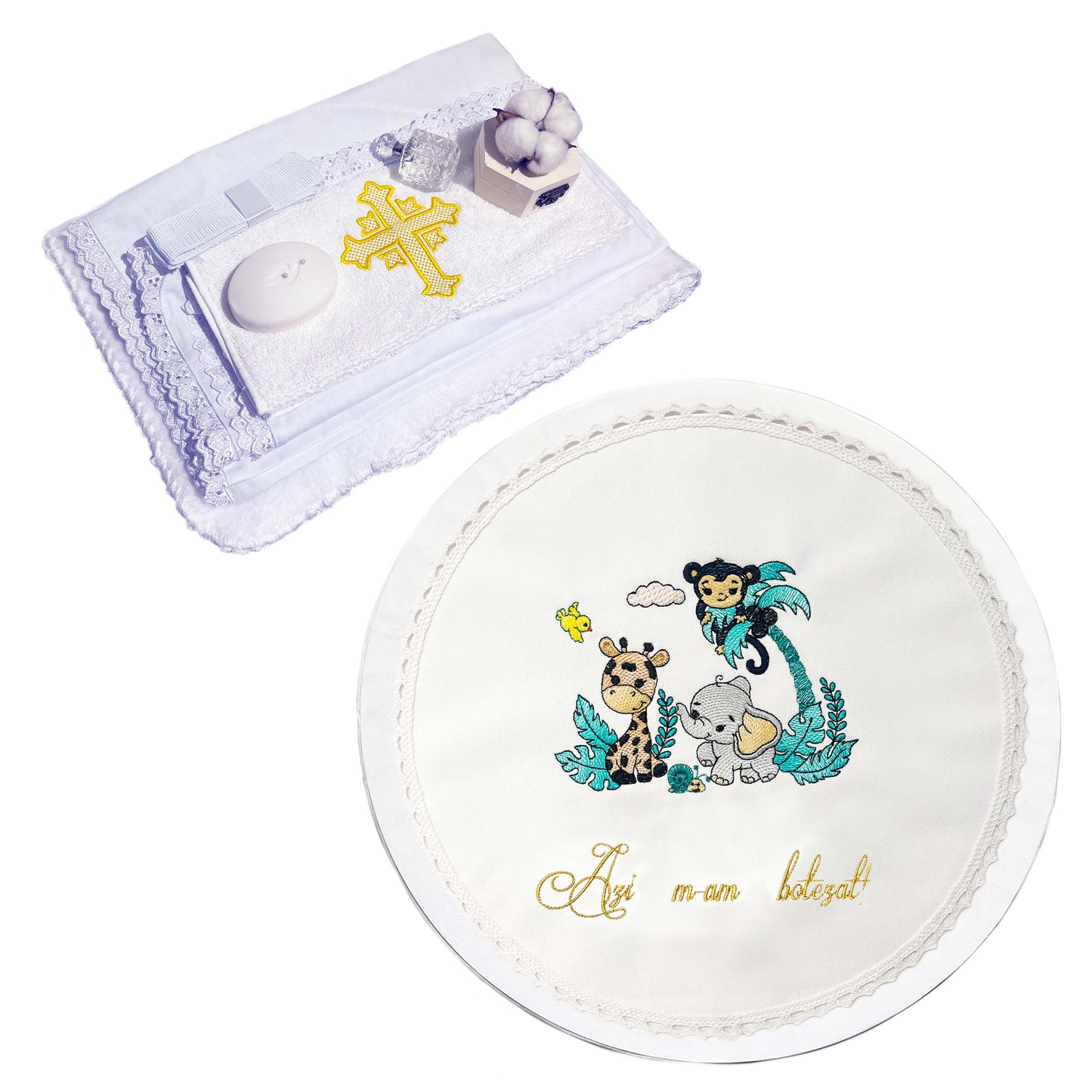 Trusou Jungle Crew botez Gardinea Domain® 10 piese, cutie trusou din catifea alb cu mesajul "Azi m-am botezat!", decor dantela