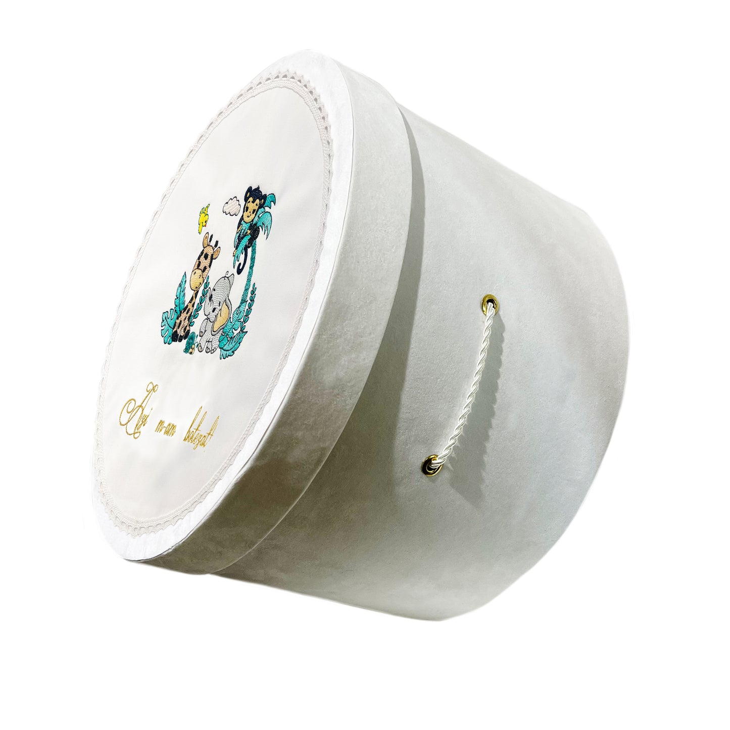 Trusou Jungle Crew botez Gardinea Domain® 10 piese, cutie trusou din catifea alb cu mesajul "Azi m-am botezat!", decor dantela