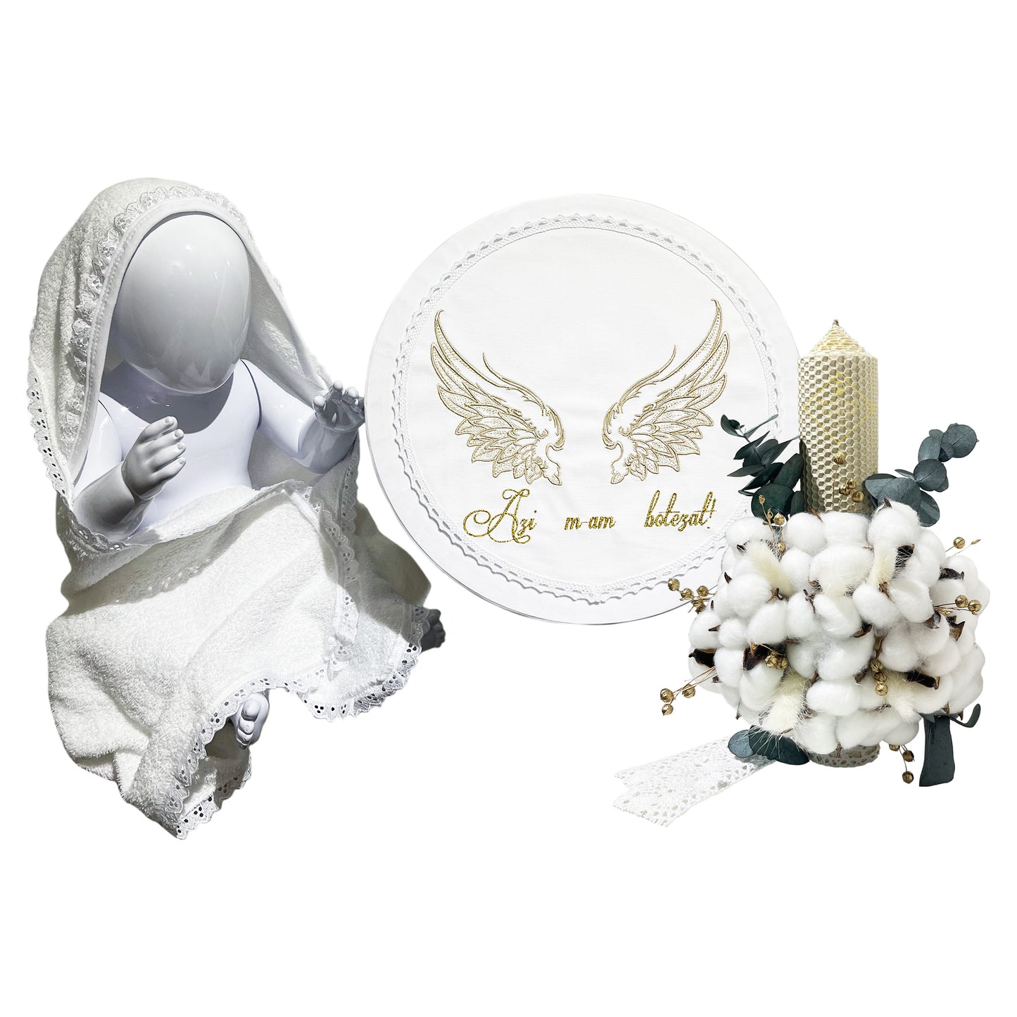 Set elegant trusou botez Gardinea Domain® 11 piese, cutie trusou din catifea cu mesajul "Azi m-am botezat!" si lumanare, decor dantela Alb