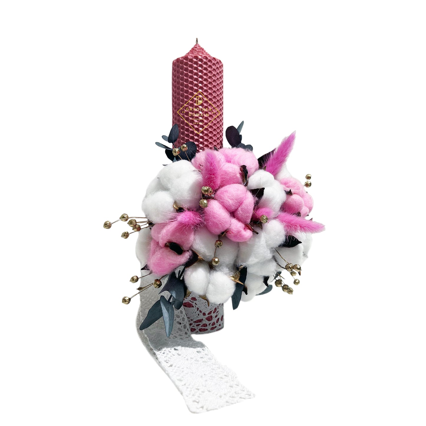 Set elegant trusou botez Gardinea Domain® 11 piese, cutie trusou din catifea cu mesajul "Azi m-am botezat!" si lumanare, decor dantela Roz