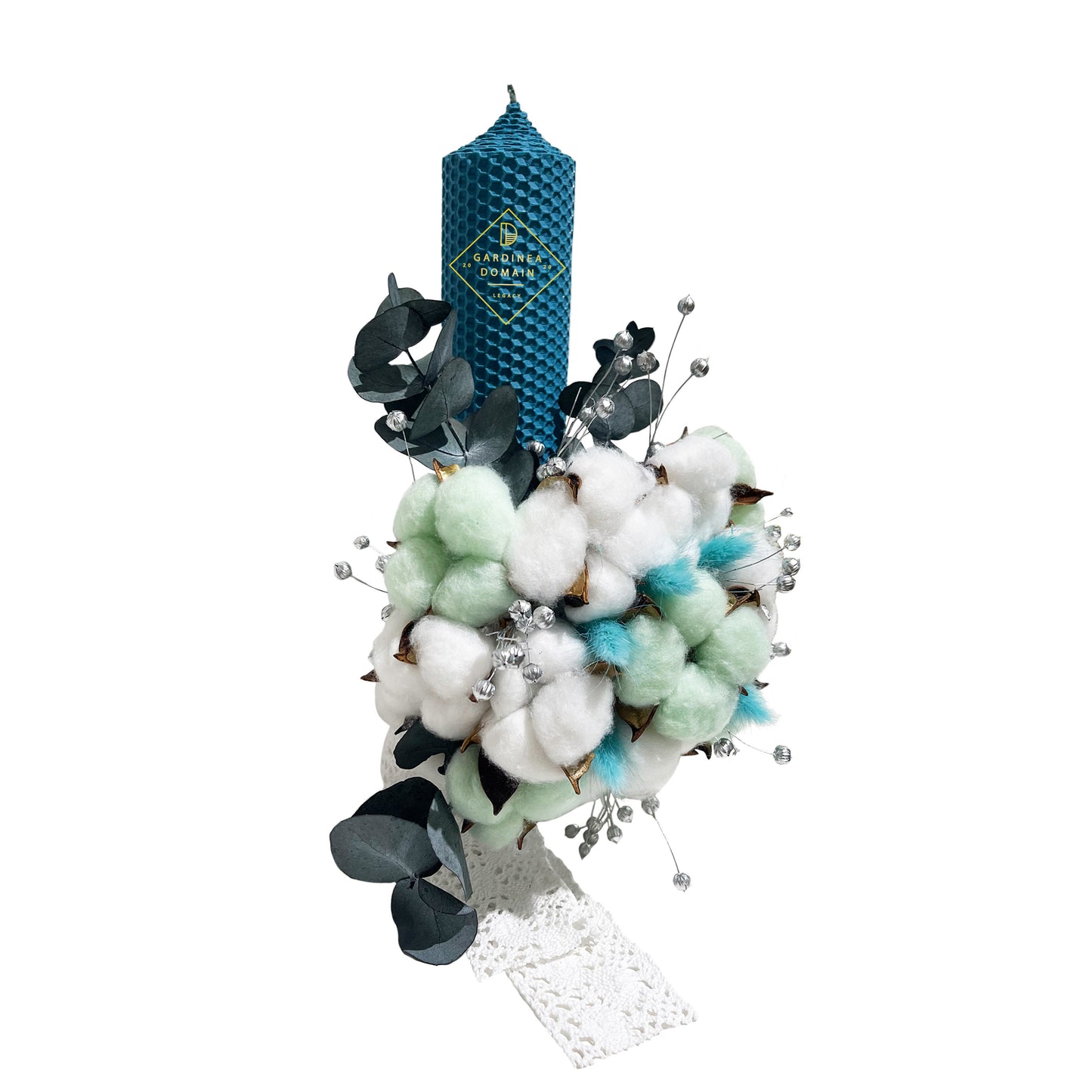 Set elegant trusou botez Gardinea Domain® 11 piese, cutie trusou din catifea cu mesajul "Azi m-am botezat!" si lumanare, decor dantela Turquoise