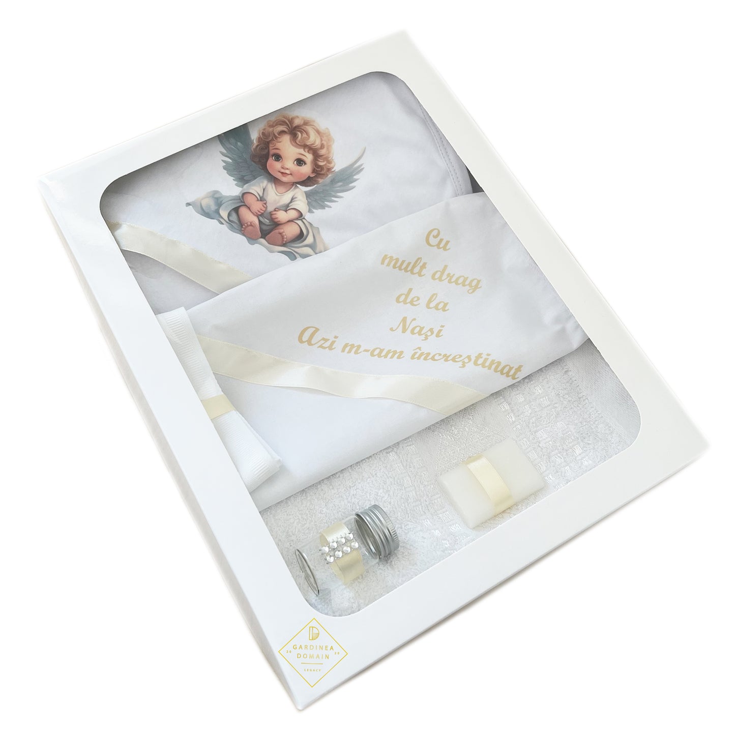 Trusou ingeras realist botez Gardinea Domain® 6 piese, in cutie, bumbac 100%, cu mesajul "Cu mult drag de la nasi, Azi m-am increstinat", alb perlat