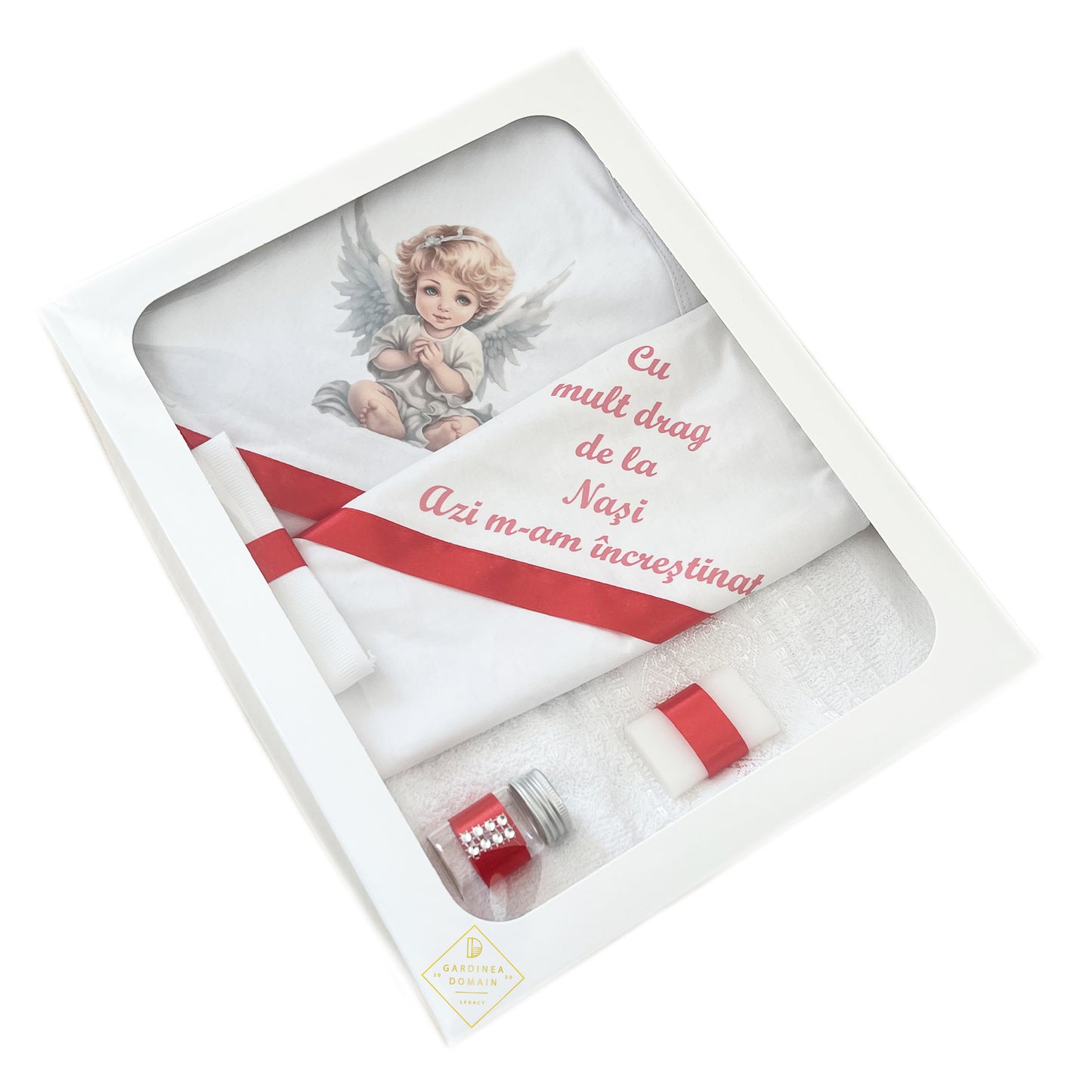 Trusou ingeras realist botez Gardinea Domain® 6 piese, in cutie, bumbac 100%, cu mesajul "Cu mult drag de la nasi, Azi m-am increstinat", rosu