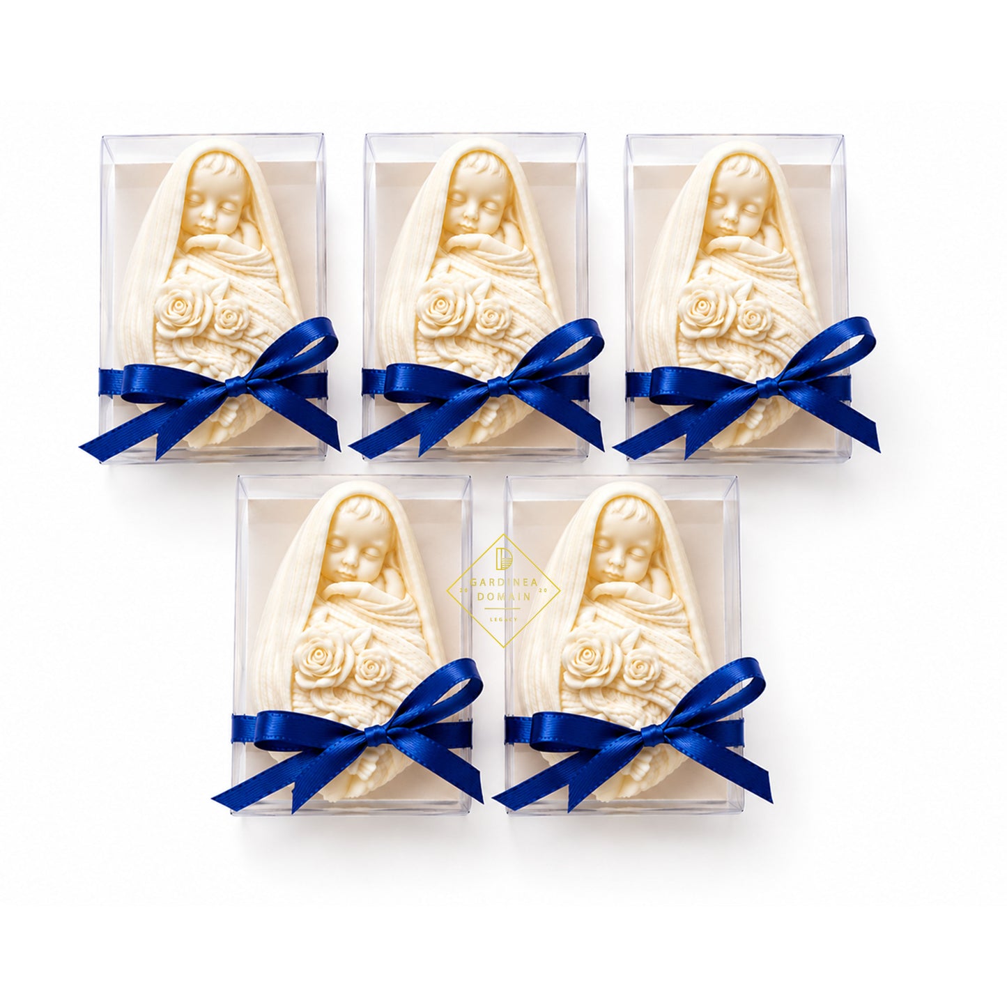 Set 5 marturii pentru botez bebelus albastru inchis Gardinea Domain®, in cutie personalizata cadou, ceara de soia 100% naturala, vegana, Albastru inchis