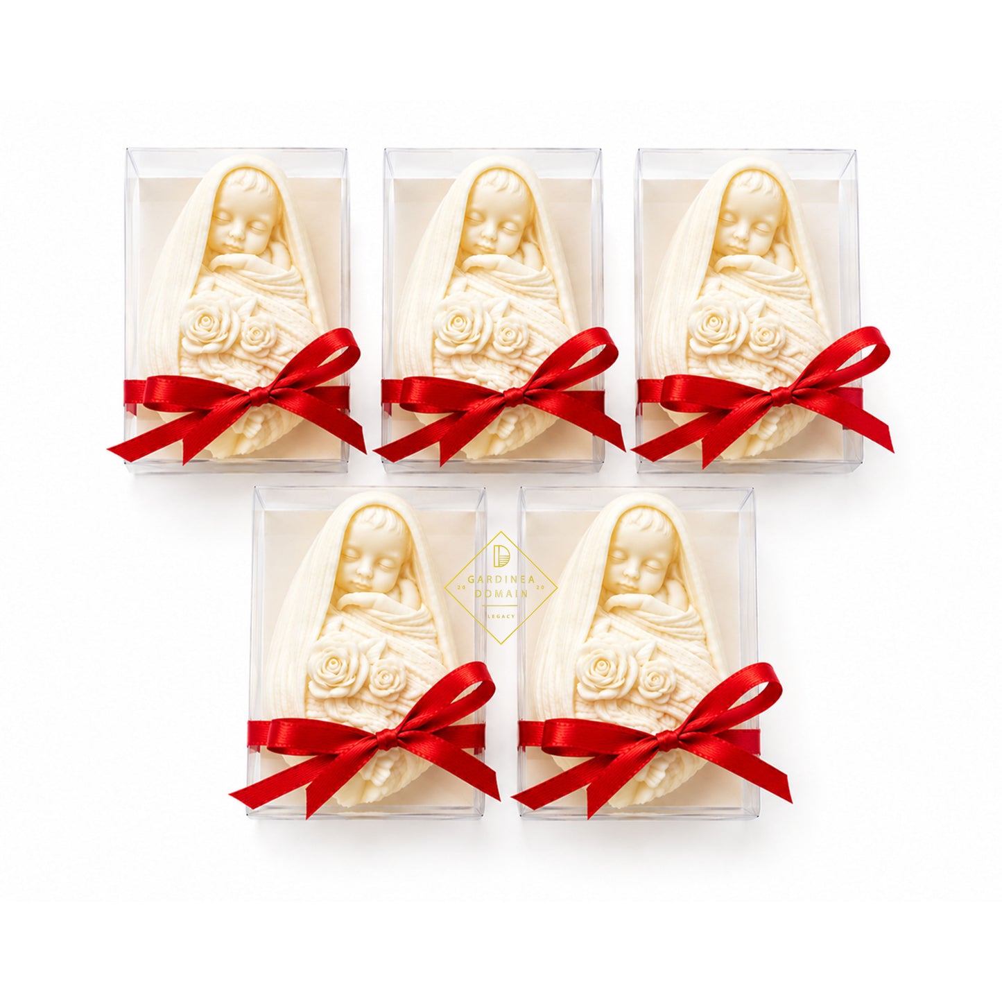 Set 5 marturii pentru botez bebelus albastru inchis Gardinea Domain®, in cutie personalizata cadou, ceara de soia 100% naturala, vegana, Albastru inchis