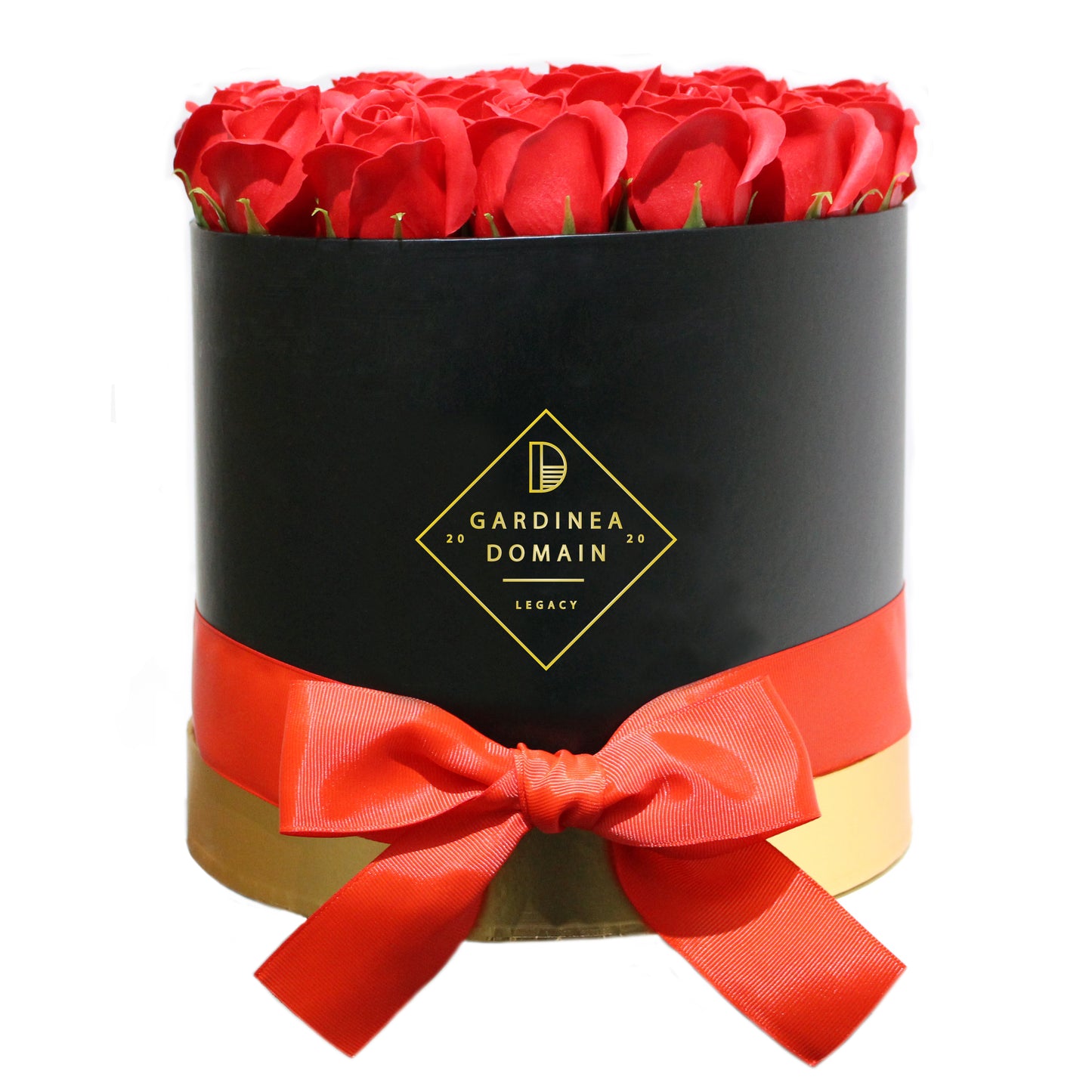 Aranjament floral Gardinea Domain® 27 trandafiri rosii sapun in cutie neagra cadou