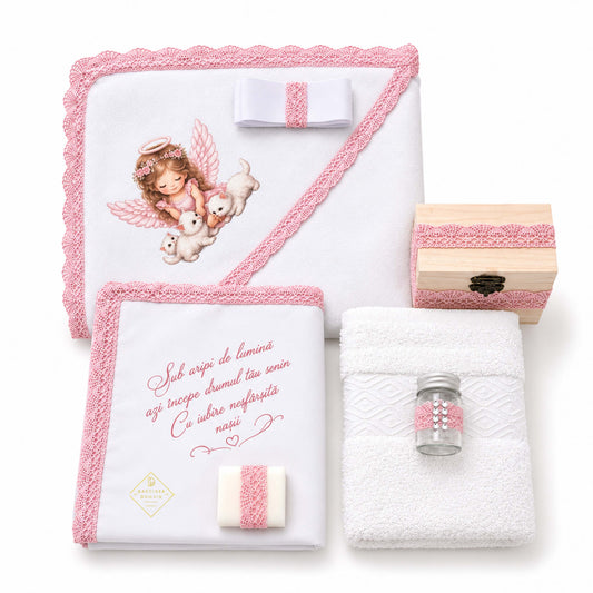 Trusou botez fetita ingeras cu pisici din bumbac 100% Gardinea Domain® 8 piese, in cutie cadou, decor dantela Roz pudrat