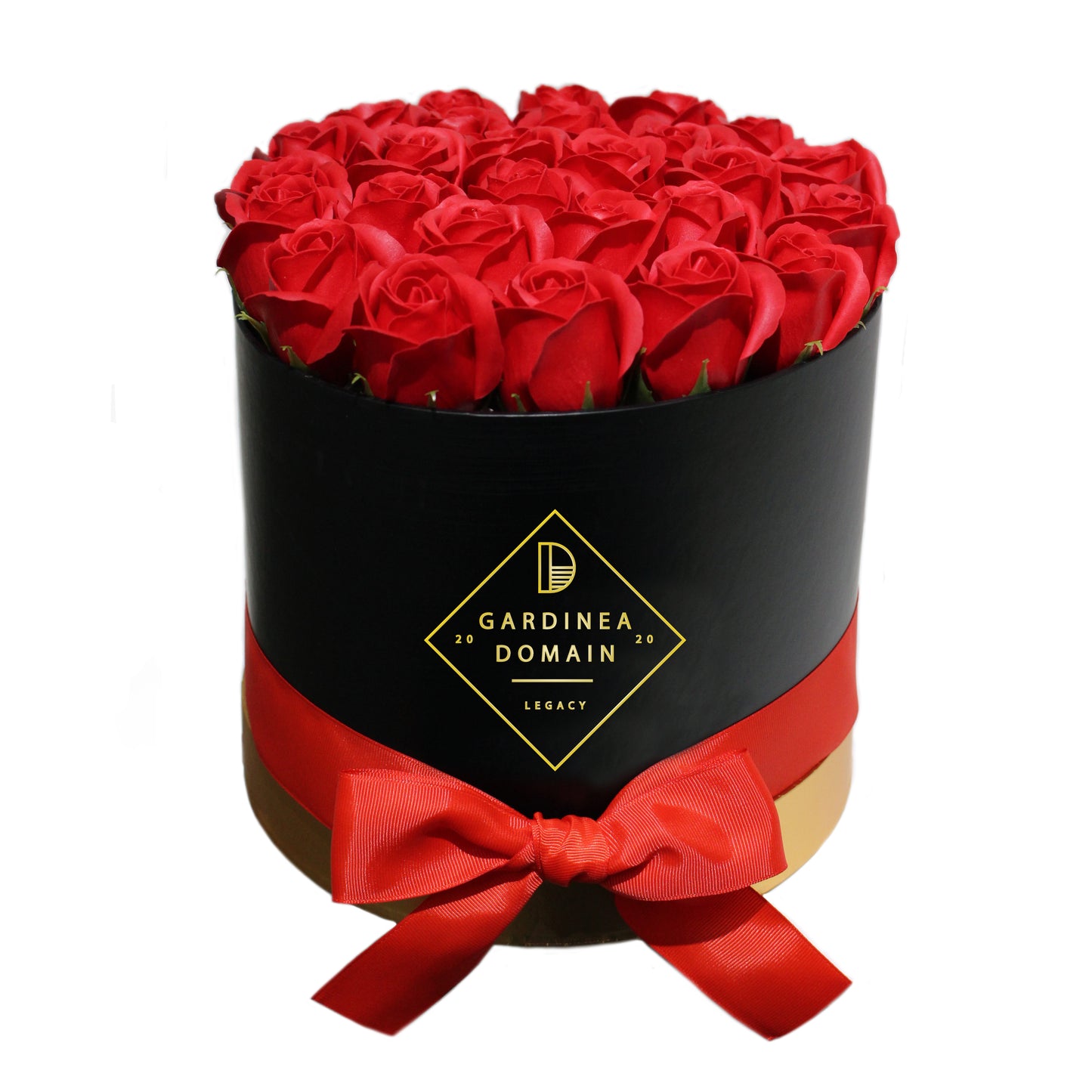 Aranjament floral Gardinea Domain® 27 trandafiri rosii sapun in cutie neagra cadou