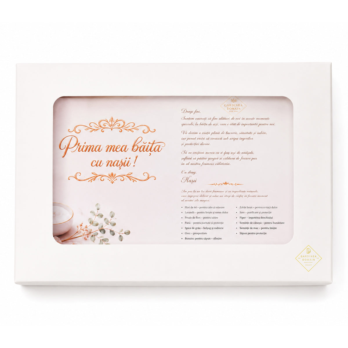 Set elegant cu mirodenii "Prima mea baita cu nasii!" Gardinea Domain®, Ritual si Traditii pentru Botez, 15 piese in cutie cadou, Alb
