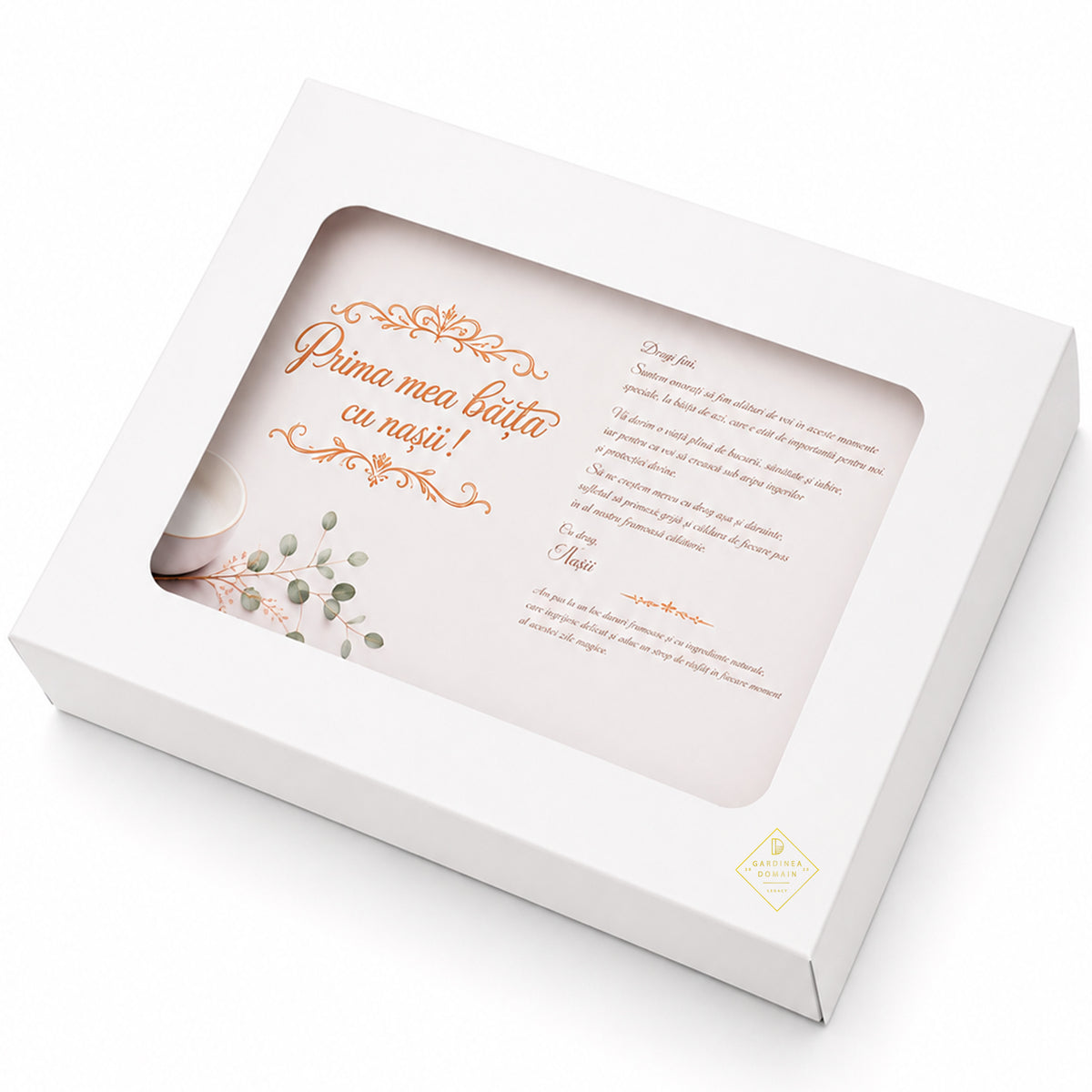 Set elegant cu mirodenii "Prima mea baita cu nasii!" Gardinea Domain®, Ritual si Traditii pentru Botez, 15 piese in cutie cadou, Alb