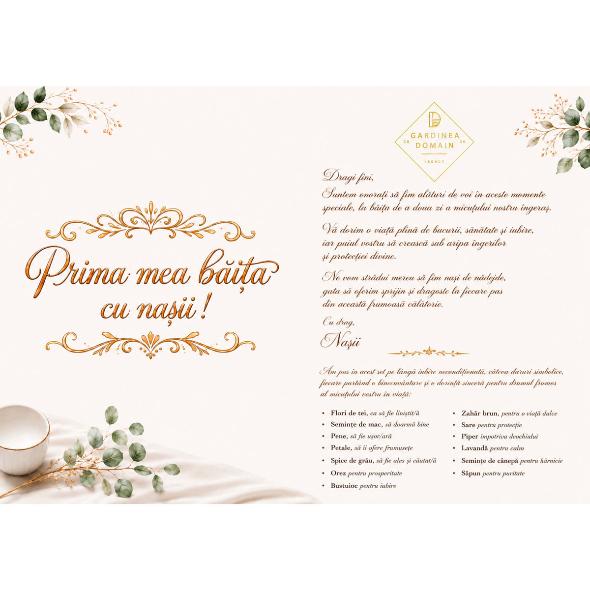 Set elegant cu mirodenii "Prima mea baita cu nasii!" Gardinea Domain®, Ritual si Traditii pentru Botez, 15 piese in cutie cadou, Alb