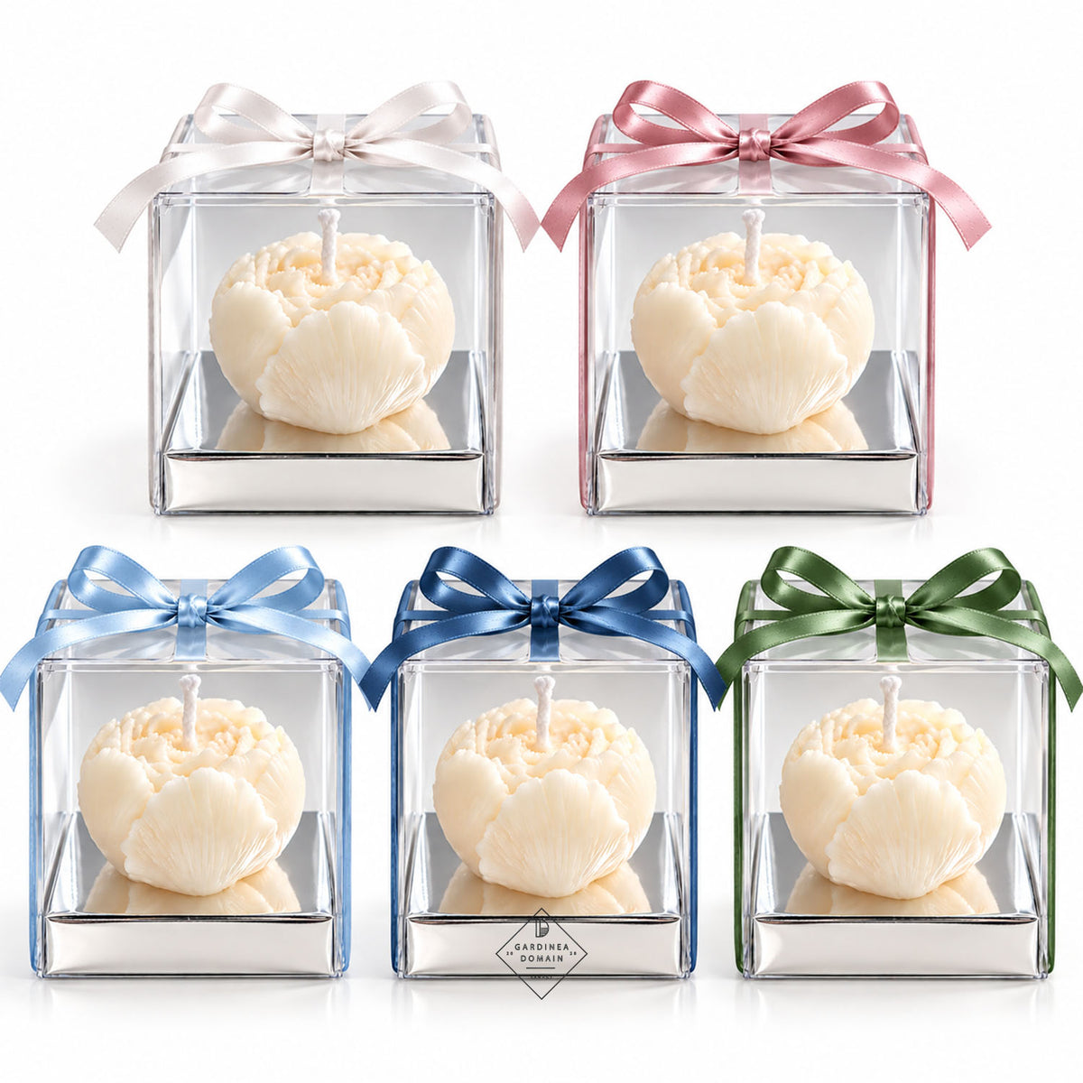 Set 5 marturii pentru botez / nunta bujor albastru deschis Gardinea Domain®, in cutie personalizata cadou, ceara de soia 100% naturala, vegana, Albastru deschis