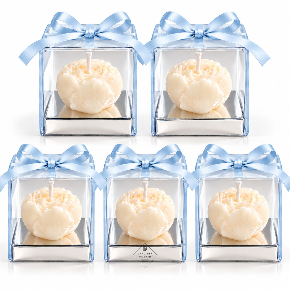 Set 5 marturii pentru botez / nunta bujor albastru deschis Gardinea Domain®, in cutie personalizata cadou, ceara de soia 100% naturala, vegana, Albastru deschis