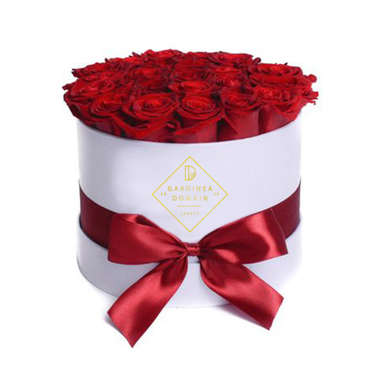 Aranjament floral Gardinea Domain® 25 trandafiri rosii in cutie alba cadou