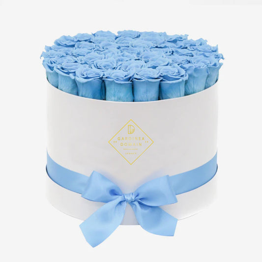 Aranjament floral Gardinea Domain® 25 trandafiri albastrii in cutie alba cadou