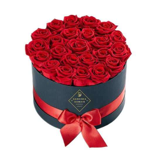 Aranjament floral Gardinea Domain® 25 trandafiri rosii in cutie neagra cadou