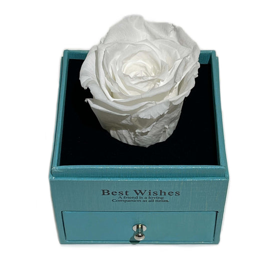 Trandafir criogenat alb XL Gardinea Domain® in cutie tip sertar 9x9x10.5 cm, punga cadou
