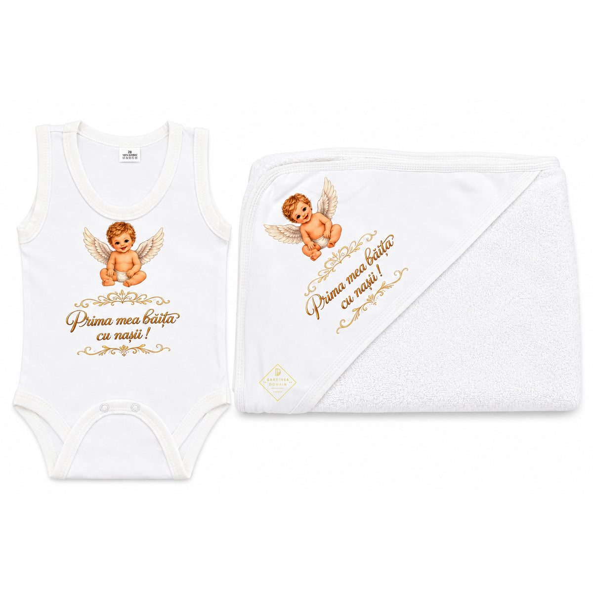Set mirodenii prima baita dupa botez pentru baiat, cu ingeras Gardinea Domain®, 18 piese, in cutie cadou, bumbac gros 100% moale, "Prima mea baita cu nasii", Alb