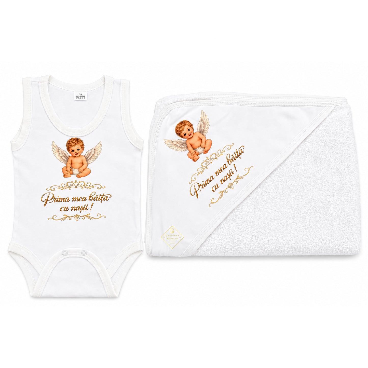 Set prima baita dupa botez pentru baiat, cu ingeras Gardinea Domain®, 2 piese, in cutie cadou, bumbac gros 100% moale, "Prima mea baita cu nasii", Alb