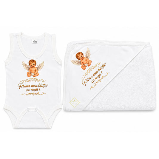 Set prima baita dupa botez pentru baiat, cu ingeras Gardinea Domain®, 2 piese, in cutie cadou, bumbac gros 100% moale, "Prima mea baita cu nasii", Alb