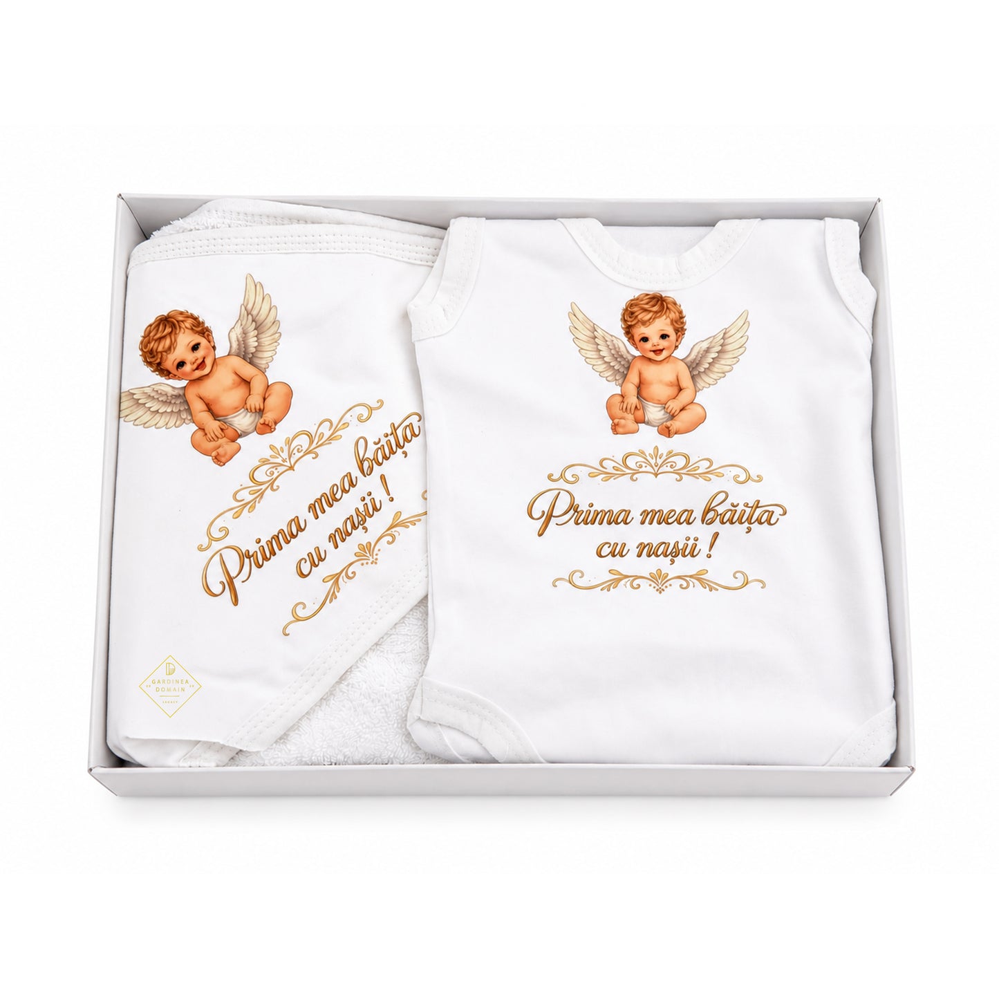 Set prima baita dupa botez pentru baiat, cu ingeras Gardinea Domain®, 2 piese, in cutie cadou, bumbac gros 100% moale, "Prima mea baita cu nasii", Alb